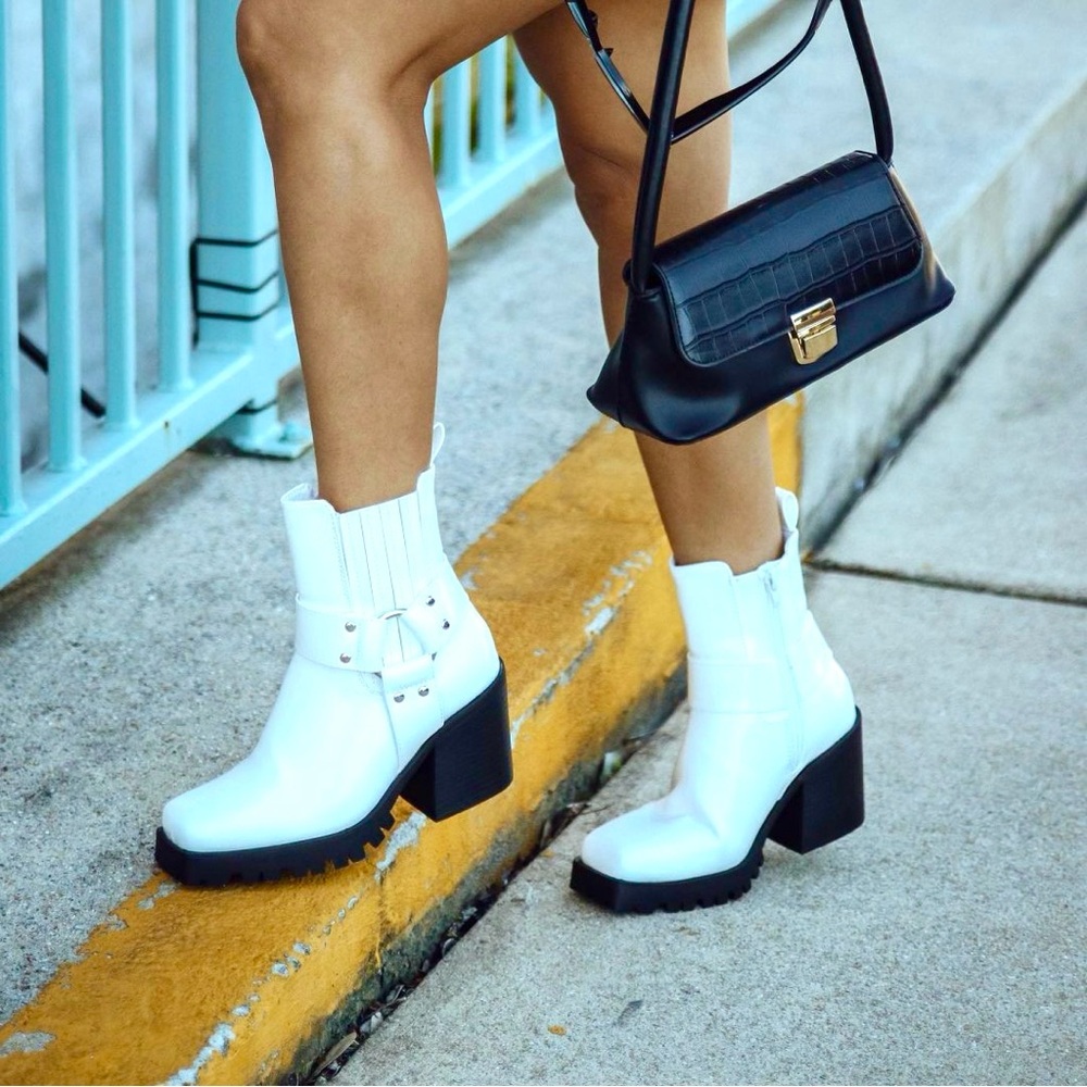 White Patent Faux Leather Moto / Biker 🏍️ Harness Square Toe Ankle Boots